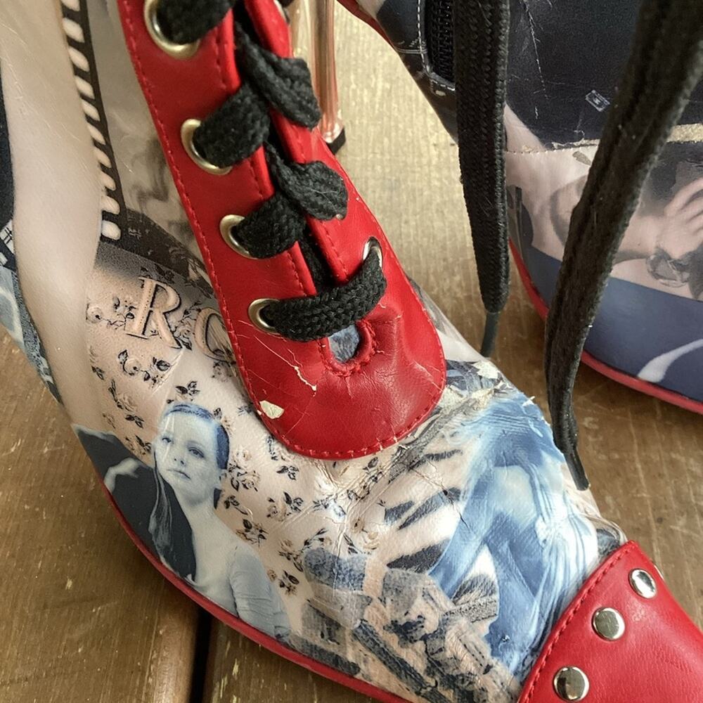 Y2K Red Stiletto Lace Up Pointy Ankle Graphic  Fredericks of Hollywood Boots 7.5 - Picture 3 of 8